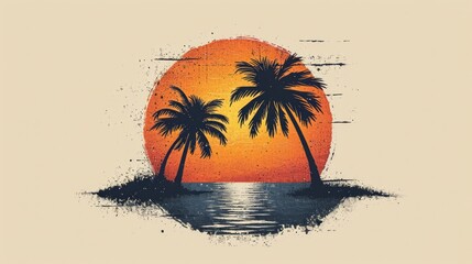Retro sunset, grainy future retro sci-fi illustration. Vintage logo with palm trees on white background. Ideal for t-shirts, banners and wallpapers. - obrazy, fototapety, plakaty