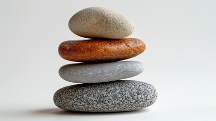 Pebbles balancing on white background. Sea pebble. Balancing pebbles. For banner, wallpaper, meditation, yoga, spa, the concept of harmony, balance. Smooth river stones