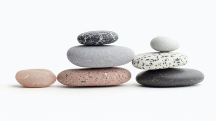Fototapeta na wymiar Pebbles balancing on white background. Sea pebble. Balancing pebbles. For banner, wallpaper, meditation, yoga, spa, the concept of harmony, balance. Smooth river stones