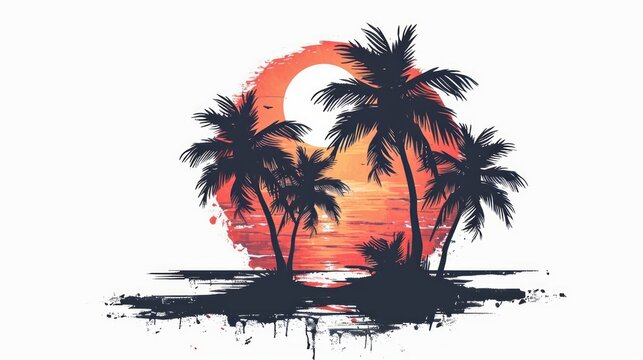 Retro sunset, grainy future retro sci-fi illustration. Vintage logo with palm trees on white background. Ideal for t-shirts, banners and wallpapers.