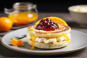 Delicious english muffin with orange butter, cream cheese and jam