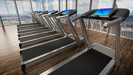 Fototapeta premium Treadmills inside a sports center in upper floors. 3D illustration