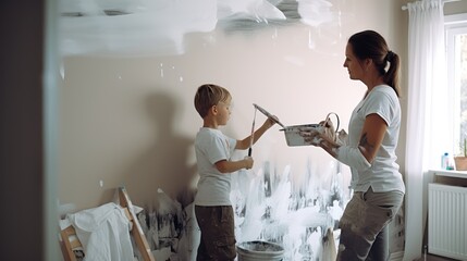 Using a paint roller, a son and his mother are involved in a home room wall painting activity - Powered by Adobe