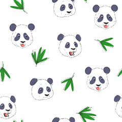 Vector seamless pattern with cute panda heads isolated on white. Hand drawn texture with animal in sketch style.