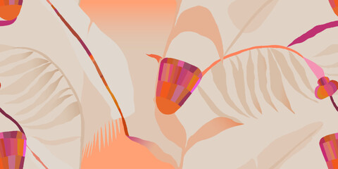 Light abstract exotic flowers pattern. Warm colors botanical contemporary seamless pattern. Hand drawn unique print.