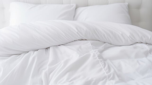 winter vibes with an image of a white folded duvet on a white bed background, signifying the preparation for the season in both homes and hotels