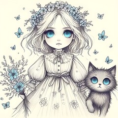 A girl with blue eyes in a dress with petals and her cat with blue eyes.

