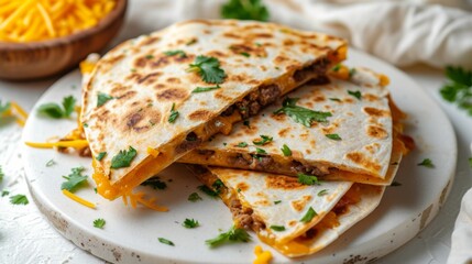 A close-up shot of three stacks of triangular beef cheesy quesadillas garnished with coriander leaves , generated with AI