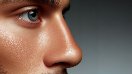 Extreme close-up of eye and nose of a fair skinned man - obrazy, fototapety, plakaty