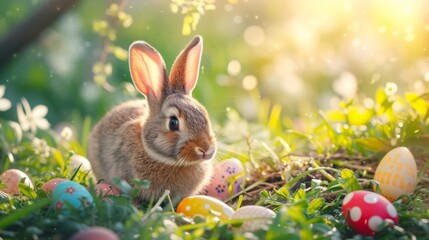 Fototapeta na wymiar Easter - Cute Bunny In Sunny Garden With Decorated Colorful Eggs, generated with AI