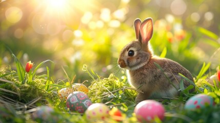 Fototapeta na wymiar Easter - Cute Bunny In Sunny Garden With Decorated Colorful Eggs, generated with AI
