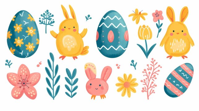 cute easter element illustrations with white background, generated with AI
