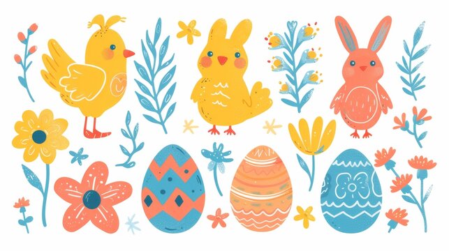 cute easter element illustrations with white background, generated with AI