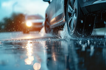 car on the street - Close up of car tires on wet road. water splashing. blurred background, rainy, Generated AI. - obrazy, fototapety, plakaty