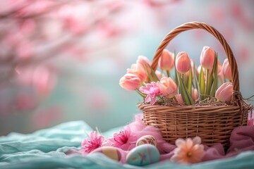 Fototapeta na wymiar Realistic photo. easter banner with easter decorations, easter basket, pastell colors, generated with AI