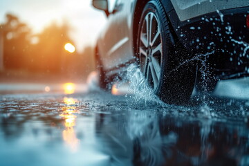 car on the street - Close up of car tires on wet road. water splashing. sunlight, blurred background, rainy, Generated AI.
