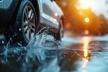 car on the street - Close up of car tires on wet road. water splashing. sunlight, blurred background, rainy, Generated AI. - obrazy, fototapety, plakaty