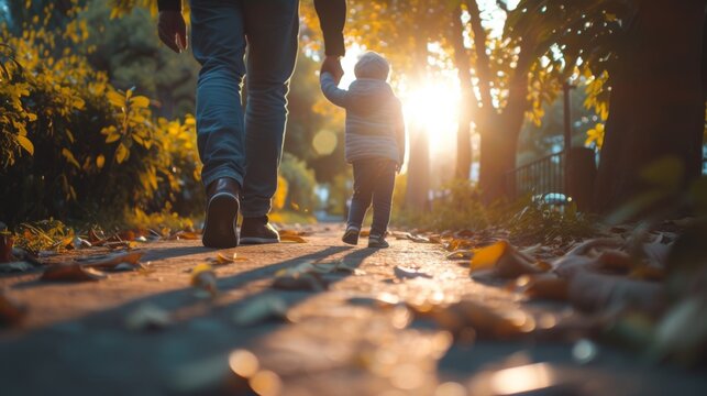 Father and his child walking in the automn forest , sun is shining, stock photo, generated with AI
