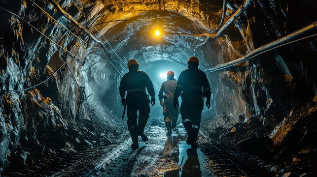 Coal miners walking through the tunnel in a mine.
