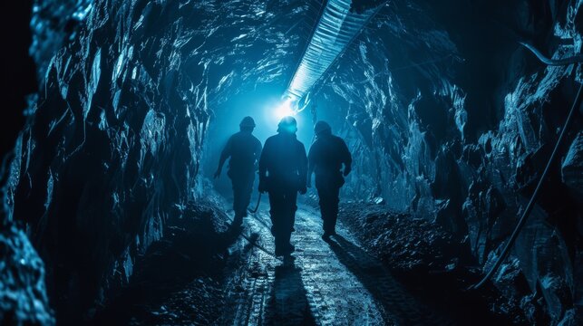 Coal miners walking through the tunnel in a mine.