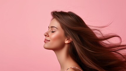 Portrait of a girl with brown hair on a pink background. - obrazy, fototapety, plakaty