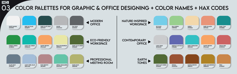 Workplace designing color palette, Fashion Trend Color guide palette 2024-25. An example of a color palette vector. Forecast of the future color. Office Color palette with color codes and color names
