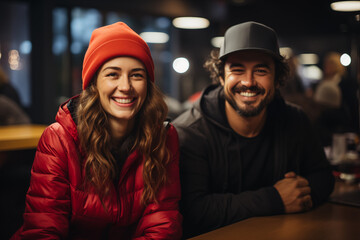 A woman and a man about 35 years old posing for a photo while sitting in a bar having a drink