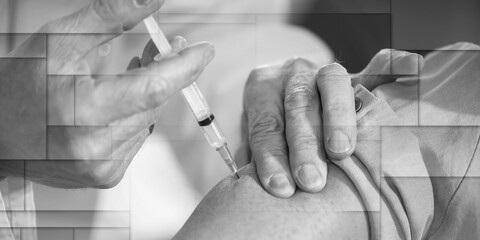 Doctor giving vaccin injection to patient, geometric pattern