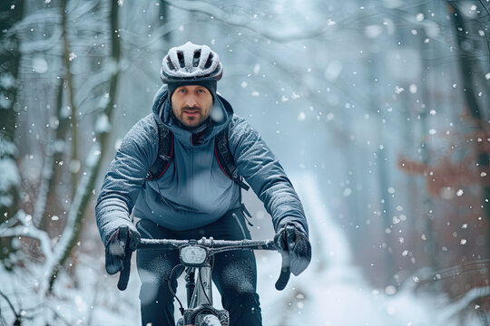 Snow-covered cyclist in white winter landscape, helmet and jersey blending with snow