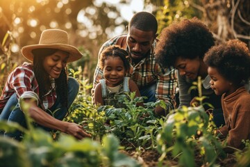 Joyful Family Time: African American Parents and Children Gardening Together