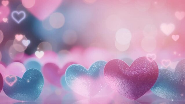Blue and pink heart shapes, Valentines day background. Be my valentine theme. valentine celebration concept greeting card hearts on string with gold defused bokeh lights in the background