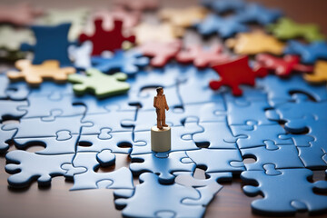 A human figurine among the puzzle pieces. Difficulty solving concept. Generated by artificial intelligence