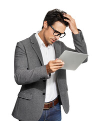 Confused, thinking and business man with tablet in studio for email, review or bad feedback on...