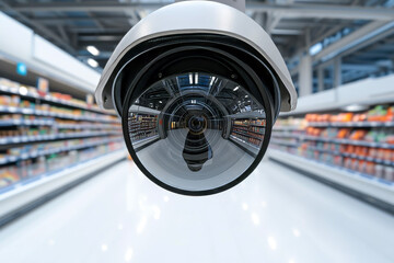 Close up of a security camera of a modern supermarket. security concept suitable for crime prevention and countermeasures. - obrazy, fototapety, plakaty