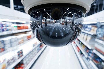 Close up of a security camera of a modern supermarket. security concept suitable for crime prevention and countermeasures. - obrazy, fototapety, plakaty