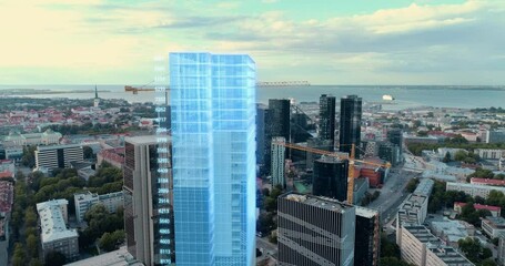 Aerial Drone Shot of Building Construction Finished with VFX: City Real Estate Development Site Transforms with Hight-Tech 3D Graphics Big Data Analytics. Visualization Urban Design Progress - Powered by Adobe