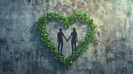 Silhouette of a couple holding hands inside a heart-shaped leaf arrangement on a textured wall, symbolizing love and connection with nature.