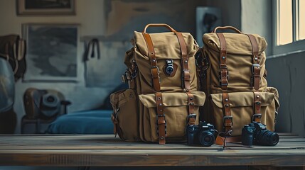 Two professional cameras placed beside durable vintage backpacks on a wooden surface, evoking a sense of travel and adventure photography.