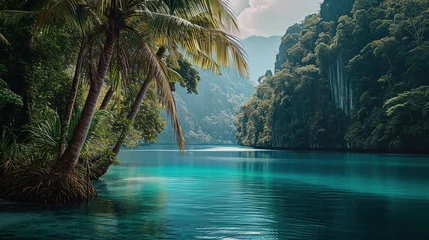 Foto op Canvas Lush greenery and towering cliffs frame the crystal-clear turquoise waters of a serene tropical lagoon. © Sodapeaw