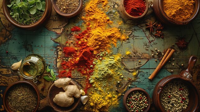 An array of colorful spices and herbs scattered across an old world map, suggesting culinary journeys and the fusion of flavors across cultures.