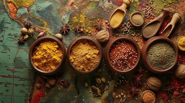 Assorted spices in terracotta pots are artistically arranged on a vintage world map, symbolizing the rich history of spice trade.