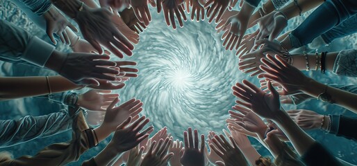 A powerful image of many hands reaching upward in a circular formation towards a glowing light, captured with an underwater perspective.