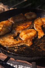 Pan frying or home cooking fish on the fire.