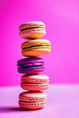 Stack of colorful french macaroons on light violet background, close up.
