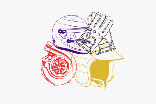Racing helmet, gloves, turbine. Contour vector image, background. Abstract set.