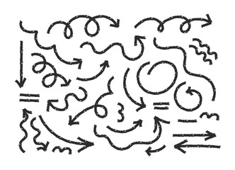 Hand drawn crayon chalk charcoal line arrows set. curvy and wavy arrows isolated on white. Group of squiggles and scribbles strokes. Elements for diagrams. doodle marker