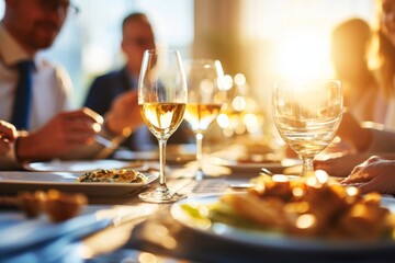 Diverse colleagues dinner meeting lunch in office restaurant businessmen group cafeteria cafe discussion business fine dining corporate teamwork expensive tasty dish food coworkers cheering talking