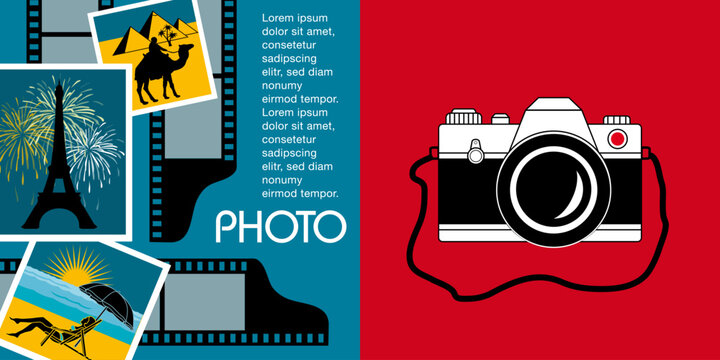 Double page sur le thème de la photo avec un appareil photo, des pellicules et des photos souvenirs - fond rouge et bleu.