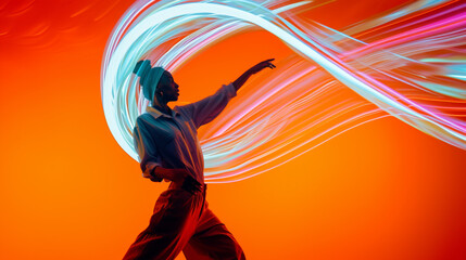 Fototapeta na wymiar Vibrant and Energetic Movement on Orange Background. Dynamic and Creative Concept with Bright Colors and Motion
