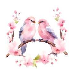 family relationship love concept, hand drawn illustration on watercolor paper, pair of birds on a branch in spring, isolated